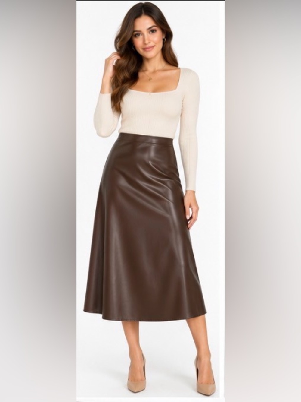 COMMENSE NWT Brown Faux Leather A-Line Midi Skirt XS Side Zip